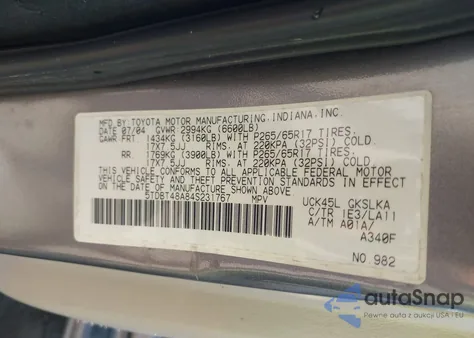 2004 Toyota Sequoia Limited V8 из США, поврежденный, VIN 5TDBT48A84S231767